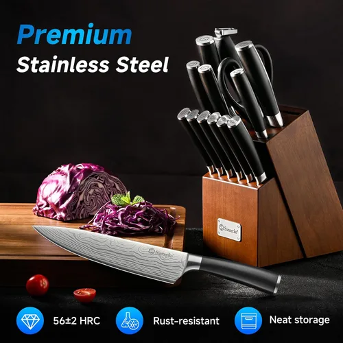 Miniatura 3 de Sunnecko Juego de cuchillos con bloque y afilador, juego de bloque de cuchillos de cocina de 15 piezas, cuchillos de cocina afilados, acero Negro