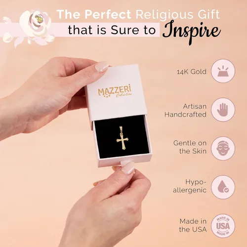 Miniatura 5 de MAZZERI Colgante de cruz de oro de 14 quilates, dijes religiosos de oro hipoalergénico para hombres y mujeres, hecho a mano en los Estados Unidos