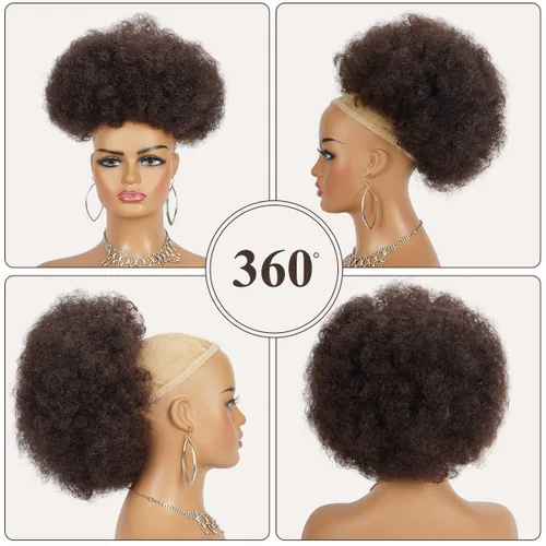 Miniatura 4 de Cola de caballo afro con cordón y clip en moño de cabello natural marrón oscuro, extensiones de cabello corto rizado para mujeres negras