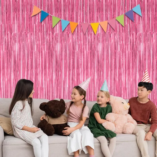 Miniatura 5 de Paquete de 2 Decoraciones de Fiesta Rosadas, Telón de Fondo Rosa de 3.28 pies x 7.05 pies, Cortinas de Telón de Fondo de Flecos de Oropel Metálico