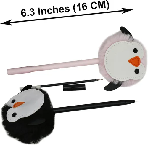 Miniatura 2 de Maydahui 6 bolígrafos de gel con forma de pingüino de felpa, bola de piel esponjosa, con 12 recambios de tinta negra para oficina, escuela, fiesta