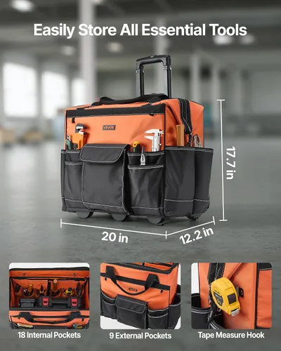 Miniatura 2 de VEVOR Bolsa de herramientas con ruedas de 20 pulgadas, capacidad de carga de 110 libras, 27 bolsillos, bolsa de herramientas resistente sobre