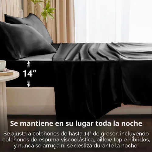 Miniatura 4 de CozyLux Juego de sábanas de satén tamaño King - Juego de 4 piezas de sábanas sedosas, lujoso juego de cama tamaño King en negro con microfibra suave
