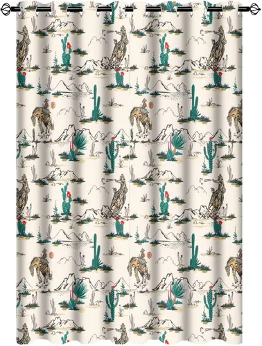 Miniatura 13 de Cortinas opacas retro de vaquero occidental para dormitorio, estilo rústico, cactus, salvaje oeste, vaquero, paseo, caballo, con ojales, aislamiento