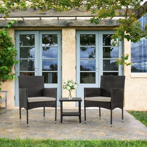 Miniatura 5 de FDW Juego de muebles de patio de 3 piezas Negro Muebles de mimbre para exteriores con mesa de café Juego de sillas de ratán moderno