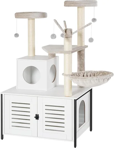 Miniatura 11 de HOOBRO Árbol para gatos con recinto para caja de arena, 27.6" L x 18.9" A x 52" Al, Torre de madera para gatos todo en uno, Muebles para gatos