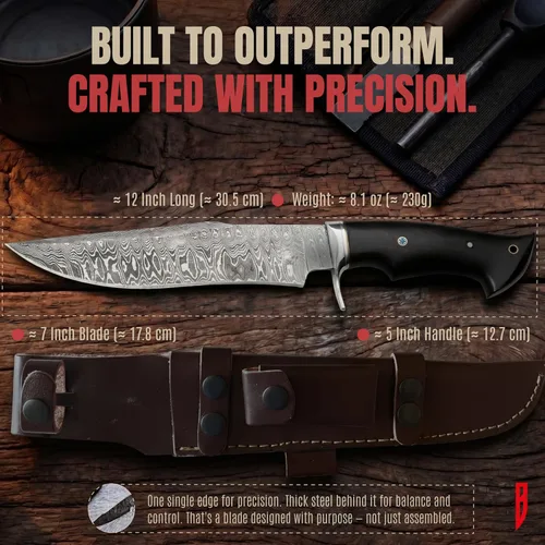 Miniatura 4 de BIGCAT ROAR Leopard Hunter - Cuchillo de caza hecho a mano de acero de Damasco de hoja fija de 12 pulgadas - Mango de madera de nogal y funda