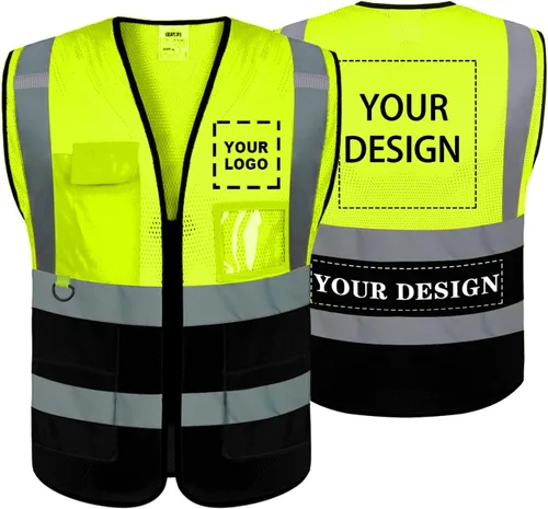 BeautyWill Chaleco de seguridad con logotipo personalizado, Hi Vis Clase 2, chaleco reflectante de construcción unisex con 5 bolsillos