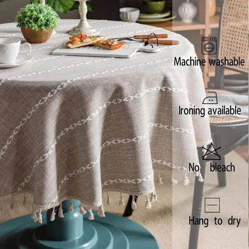Miniatura 6 de Mantel redondo rústico de lino de algodón a rayas con borlas, funda resistente para mesa de cocina, comedor, decoración de Navidad