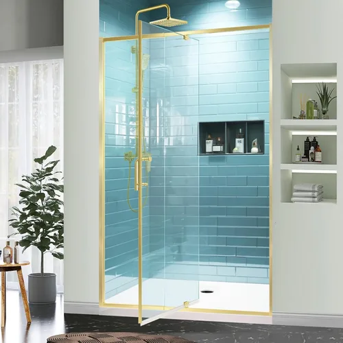 Miniatura 31 de GroGro 56-60" W x 71" H Mampara de ducha giratoria de vidrio semisin marco, vidrio templado transparente de 1/4" (6mm) SGCC, acabado cromo, Cromado