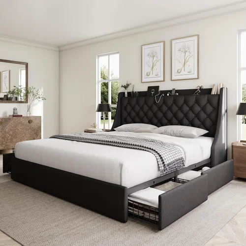 Miniatura 10 de GalnFu Marco de cama de tamaño completo con 4 cajones de almacenamiento, cabecera tapizada grande tipo wingback, estación de carga rápida,