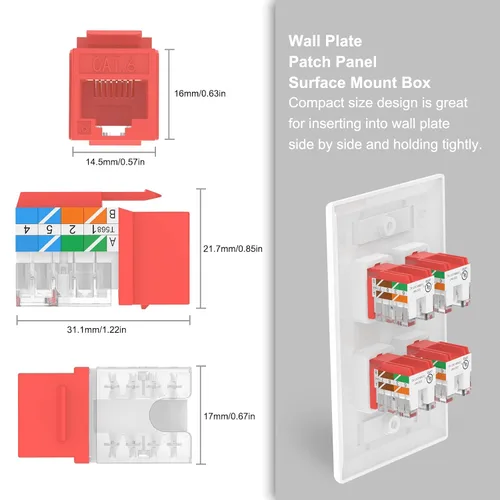Miniatura 3 de VCELINK RJ45 Cat6 Keystone Jacks Slim Profile UL Listed 10-Pack, 90 grados Ethernet Punch Down Keystone Jack Adapter en rojo