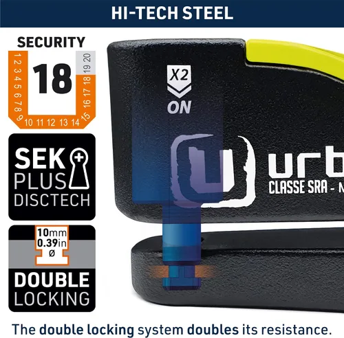 Miniatura 3 de URBAN UR10 Hi-Tech Bloqueo de disco de alarma para motocicleta de 120 dB, máxima seguridad aprobada por SRA, advertencia sensibilidad A+, activación