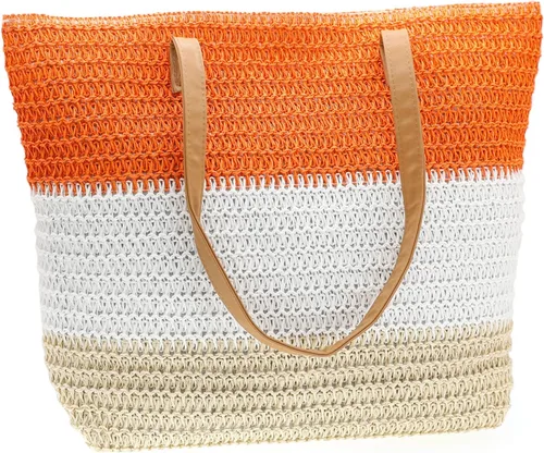 Miniatura 52 de Bolso grande de paja para mujer, tejido de ratán, bolso de playa de verano, a rayas