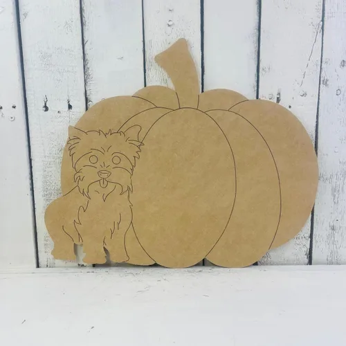 Miniatura 2 de Calabaza con Yorkie, forma de otoño, recorte de madera sin terminar, pintura por línea