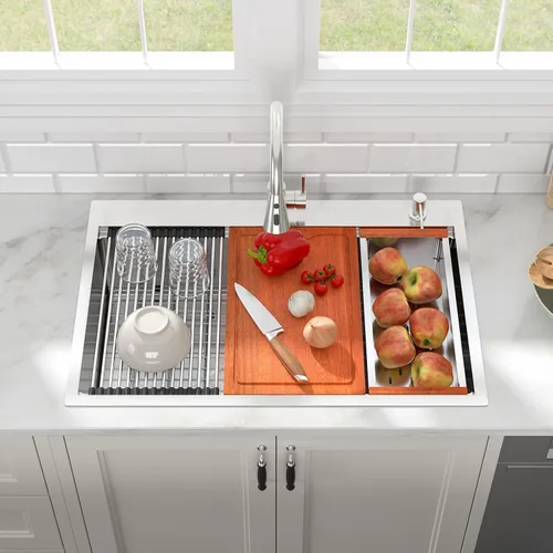 Miniatura 19 de Fregadero de cocina negro de 30"x19", estación de trabajo con revestimiento nano, acero inoxidable 304 calibre 16, hecho a mano, montaje superior
