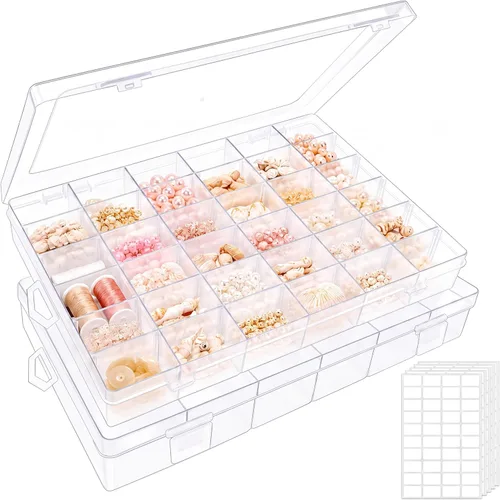 Paquete de 2 cajas organizadoras de cuentas transparentes con divisores ajustables para contenedores de joyería, manualidades, 36 rejillas con 5 2