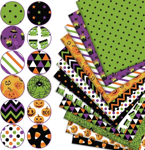 Miniatura 3 de Whaline 12 paquetes de tela de algodón de Halloween de 10 x 10 pulgadas, tela de monstruo de calabaza, telas de costura coloridas para decoración
