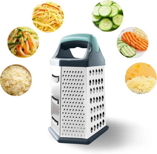 Miniatura 9 de Rallador de caja, rallador de queso de acero inoxidable de 4 caras con asa, rallador de alimentos para cocina, rebanador de queso para alimentos