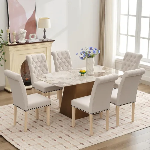 Miniatura 6 de LOULENS Juego de 2 sillas de comedor de tela, modernas sillas Parson tapizadas de lino con ribete de cabezas de clavos, botones acolchados, patas