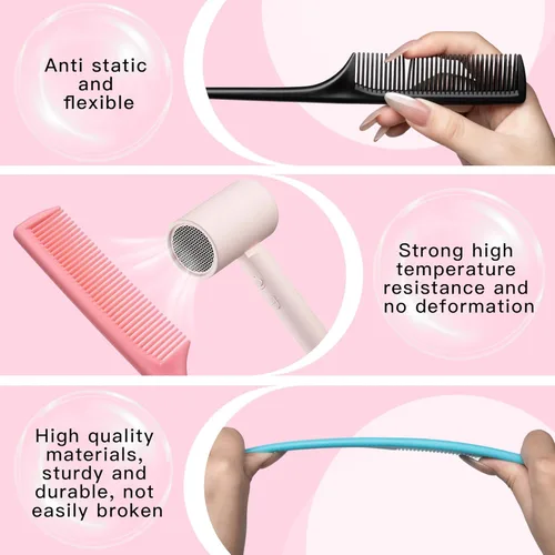 Miniatura 4 de Juego de 4 peines de cola de rata para mujer, peine de peinado de dientes finos con púa, peine antiestático resistente al calor, herramientas