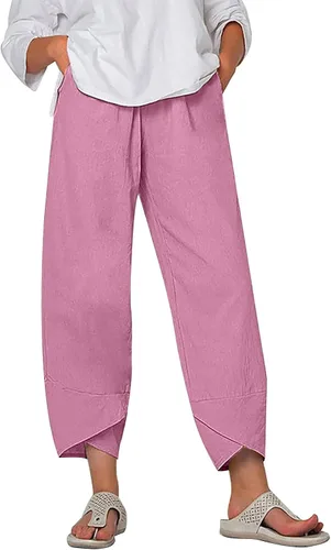 Miniatura 21 de Pantalones Capri de Lino de Algodón para Mujer 2025, Pantalones Palazzo Recortados Casuales con Estampado, Cintura Elástica, Pantalones Holgados