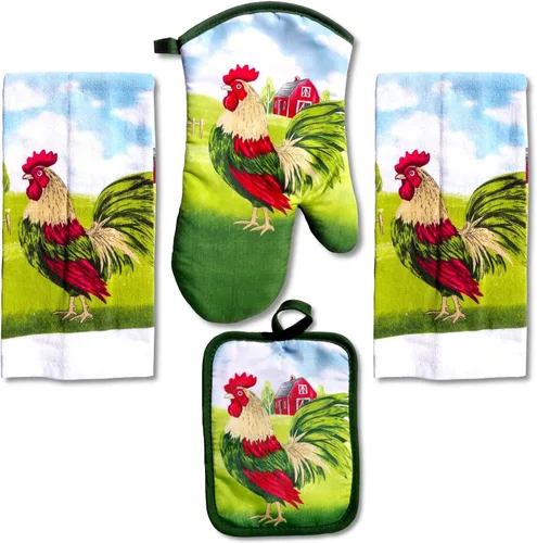 Lobyn Paquete económico: ropa de cocina rústica de gallo y granero rojo de 4 piezas, 2 toallas (15 x 25), 1 agarradera (6 x 9) y 1 guante de horno