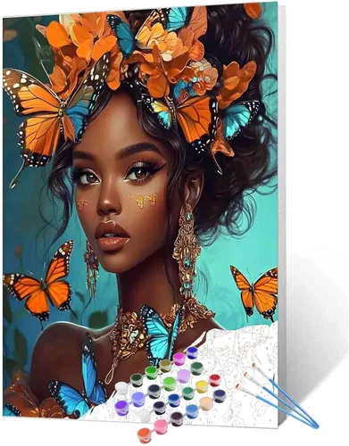 Miniatura 22 de Pintura de niña afro a la moda, kits de pintura por números, 16 x 20 pulgadas, lienzo de hojas tropicales, pintura al óleo para niños y adultos
