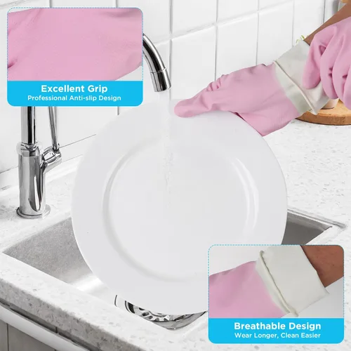 Miniatura 4 de Household Rubber Gloves Non-Slip Dishwashing Cleaning for Kitchen & Bathroom Reusable (2 Pairs Pink+Blue)