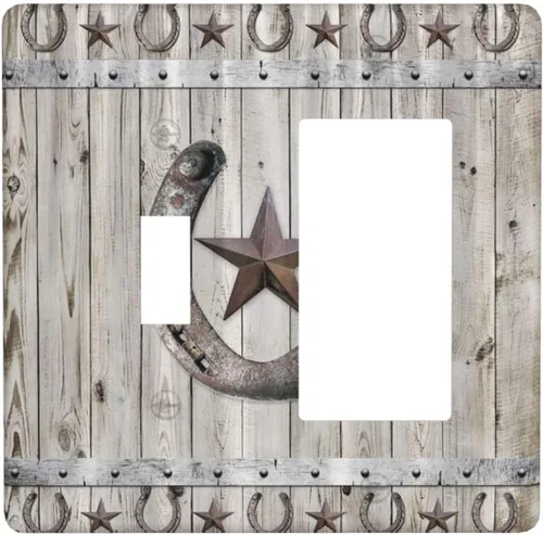 Miniatura 33 de Cubiertas de pared de estilo rústico occidental de madera puerta de granero herradura de hierro estrella placas de pared simple dúplex cubiertas