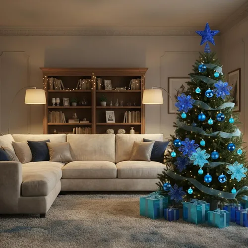 Miniatura 5 de Skylety Juego de 104 piezas de decoraciones para árbol de Navidad, adorno colgante azul de Navidad, bolas para árbol, estrella para la punta, flor