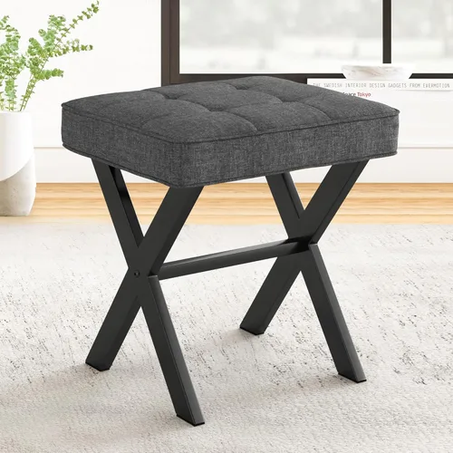 Miniatura 13 de LUE BONA Taburete de tocador blanco, asiento cuadrado de piel sintética con patas en X de metal, pequeña silla otomana para sala de maquillaje, sala