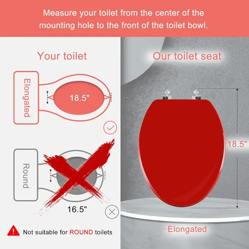 Miniatura 3 de Asiento de inodoro alargado rojo de madera natural con bisagras de aleación de zinc, fácil de instalar y también fácil de limpiar, asiento
