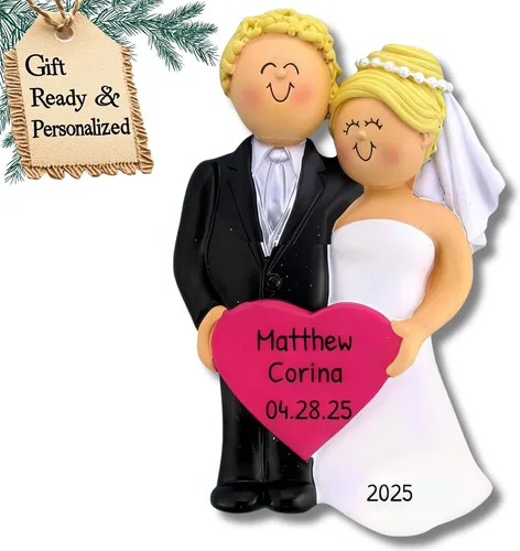 Miniatura 19 de Adorno personalizado de casado de nuestra primera Navidad 2025 Nombre y año personalizados Recuerdo de boda rubia de novia y novio morena Boda