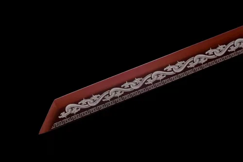 Miniatura 7 de Espada china de acero de alto carbono SJ SHI JIAN dinastía Tang Dao hoja recta con patrón de dragón funda Rojo