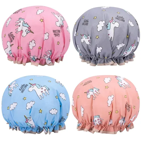 Miniatura 10 de 4 Piezas Gorros de Ducha para Mujeres y Niña, Gorro de Baño Reutilizable e Impermeable con Doble Capa Impermeable, Patrón de Pájaro y Corazón
