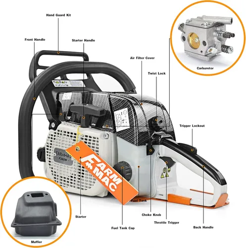 Miniatura 5 de Motosierra de gasolina de 2 ciclos F380W 72cc, motosierra de gas de 3.6KW 4.8HP apta para barra de 24/25/28 pulgadas, todas las piezas compatibles