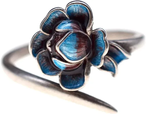 Anillo de plata de ley 925 con esmalte y flor de loto para mujeres y niñas, abierto y ajustable, Metal, Sin piedras preciosas