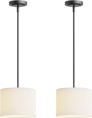 Miniatura 9 de Electro bp; Lámpara colgante con pantalla de tambor de lino blanco de 9 pulgadas de diámetro con kit de poste dorado pulido, E26, cableado, paquete