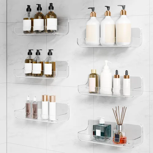 Miniatura 9 de Organizador adhesivo para ducha, paquete de 2 estantes acrílicos para baño, sin taladro, organizador de montaje en pared, estante de almacenamiento