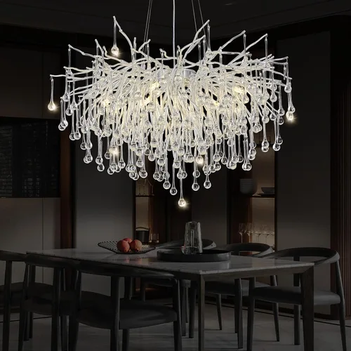 Miniatura 10 de Candelabro de cristal negro de 23.6 pulgadas, moderno colgante de techo de flores, iluminación colgante de rama de árbol, gota de lluvia, lámpara