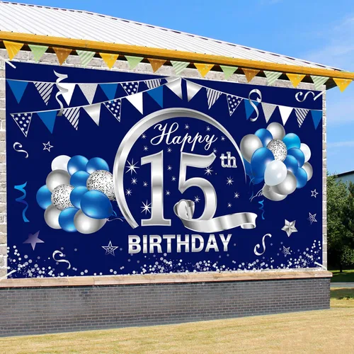Miniatura 3 de Cartel de cumpleaños número 15 azul y plateado para niños, suministros de fiesta de fondo de cumpleaños de 15 años, póster de quince cumpleaños