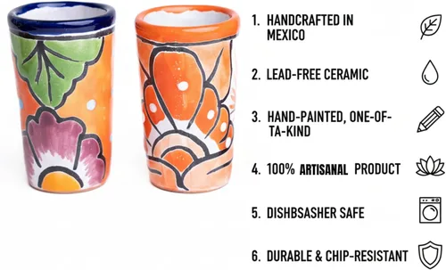 Miniatura 4 de Juego de 4 vasos de chupito Talavera auténticos mexicanos para tequila - Pintados a mano - 2 Oz (Flores naranjas)