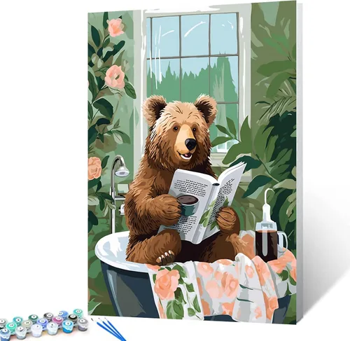 Miniatura 28 de Pintura por números para adultos, baño, animales, bricolaje, pintura al óleo digital, pintura acrílica, cebra, arte de pared, hojas verdes, bañera