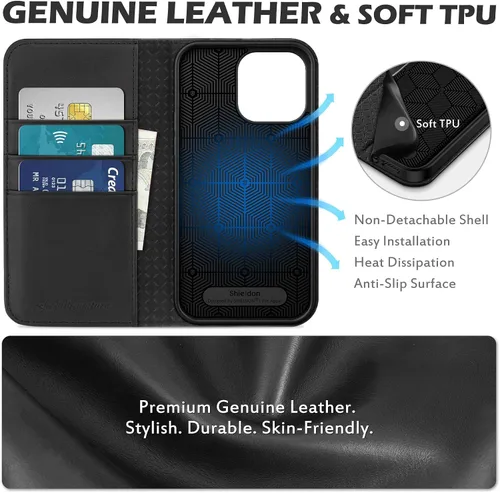 Miniatura 8 de SHIELDON Funda para iPhone 14 Pro Max 5G de 6.7 pulgadas, funda de cuero genuino tipo cartera con tapa con bloqueo RFID, ranuras para tarjetas, Negro