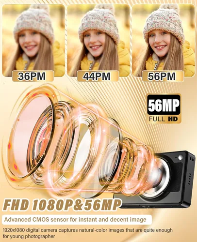 Miniatura 2 de Nueva cámara digital 2025, 56MP FHD 1080P para niños con zoom digital de 16x, antivibración, detección facial, captura de sonrisas, tarjeta TF de 32
