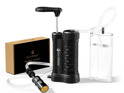SurviMate Bomba de supervivencia del purificador de agua,Sistema purificador de agua de 5 etapas de 0.01 micrones,Bomba de mano Filtro de agua