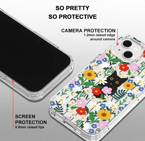 Miniatura 5 de MOSNOVO Funda para iPhone 13/14, grado militar, probada en caídas de 6.6 pies, transparente con gato negro en diseño de jardín Transparente - Gato