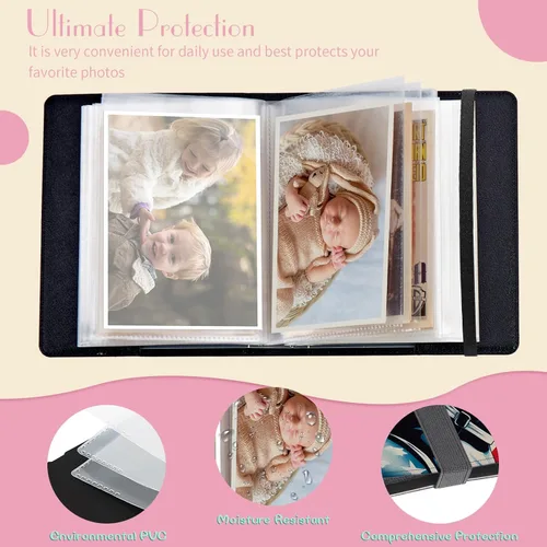 Miniatura 3 de Álbum de fotos de 4 x 6 pulgadas, capacidad para 60 fotos, cubierta de piel sintética, álbum de fotos con banda elástica fuerte, álbum de fotos