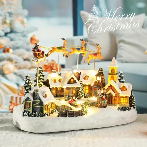 Miniatura 7 de Bdor - Decoración Navideña Iluminada con Música, Diseño de Pueblo Navideño, Figura Coleccionable de Papá Noel y Ciervo, Funciona